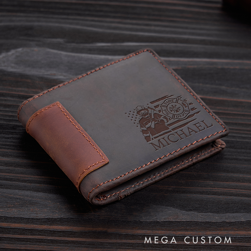 Personalized Leather Wallet For Firefighter Engraved Crazy Horse Wallet Mens Wallet Groomsmen Wallet Boyfriend Gift Dad Gift Husband Gift