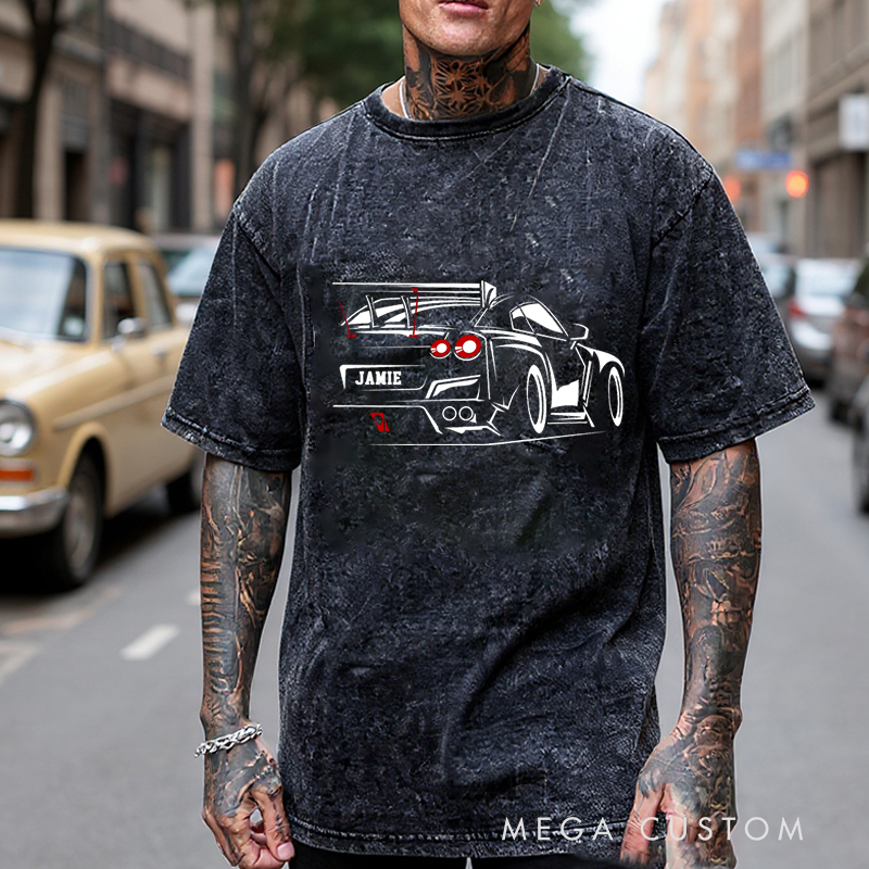 Personalized Washed T-Shirt with Custom Name Car Design Perfect Gift for Racer and Racing Lovers