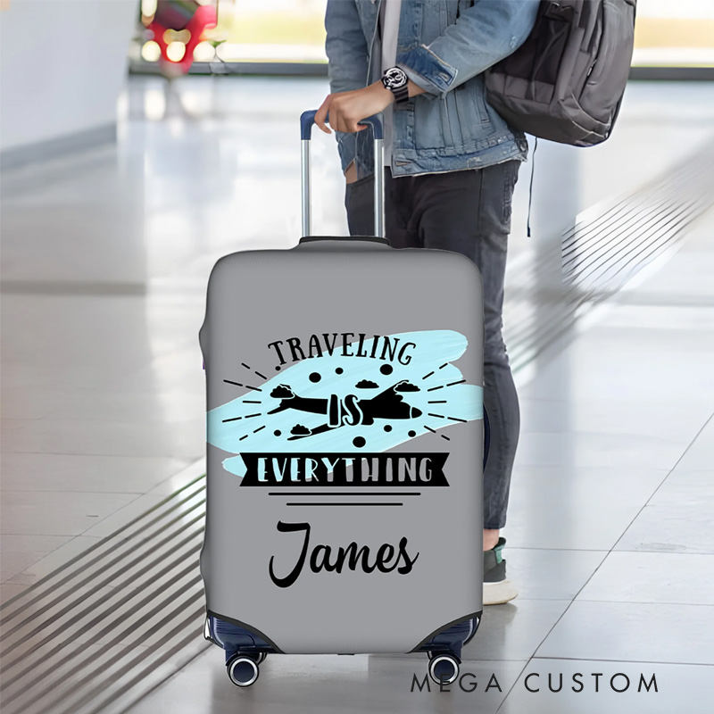 Personalized Watercolor Travel Theme Design Luggage Protective Cover Fits 18-32 Inches Suitcase with Name Birthday Gift for Friends Family