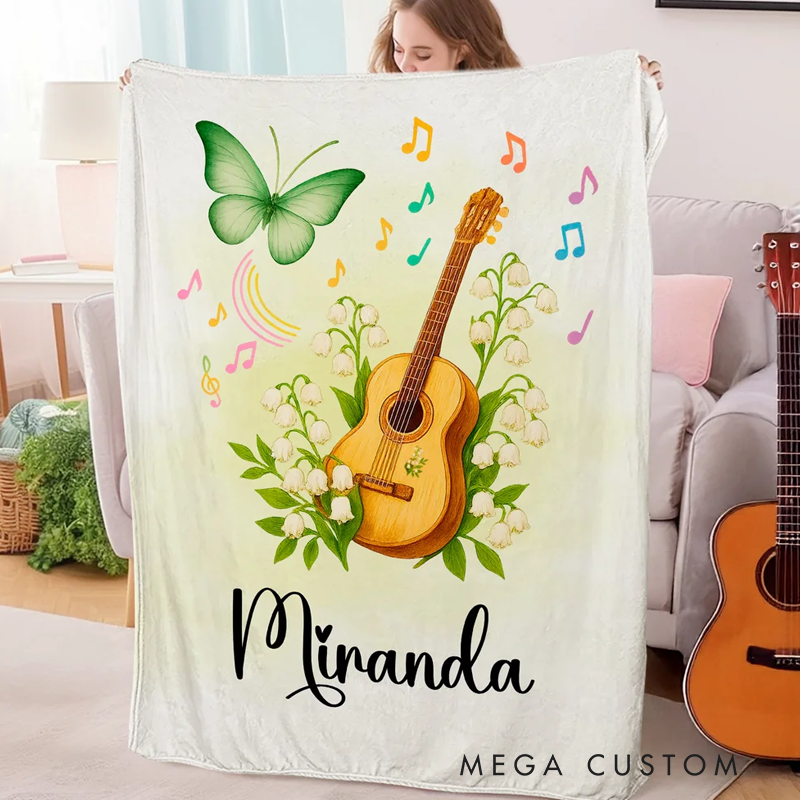 Personalized Guitar Birth Flower Butterfly Soft Throw Blanket with Name Room Decor Birthday Anniversary Gift for Guitar Enthusiasts