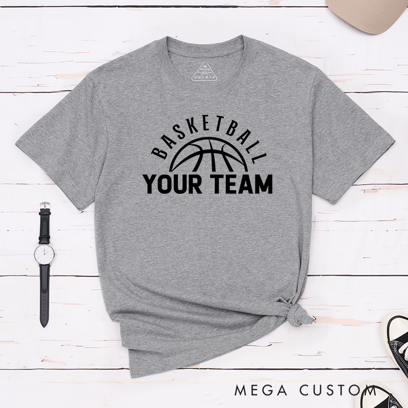 Personalized Basketball T-Shirt Design Featuring Custom Team Name Arched Text and Bold Basketball Graphic