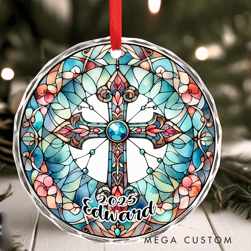 Personalized Cross Stained Glass Christmas Ornament with Name and Year Tree Decoration Christmas Christian Gift Religious Keepsake & Church Gift