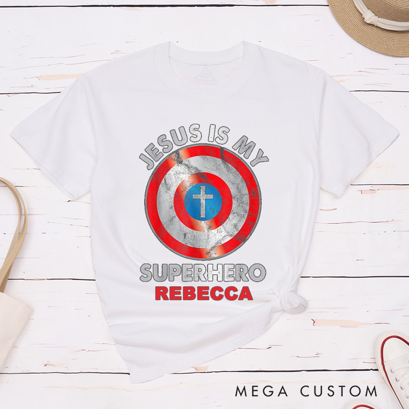 Personalized Jesus is My Superhero Cotton T-Shirt with Name Christian Unisex Classic T-Shirt Pastor Appreciation Gift Religious Gift for Jesus Lover