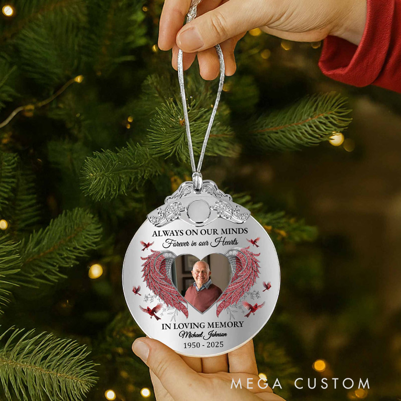 Personalized Glass Photo Ornament With Silver Cap Always On Our Minds Forever In Our Hearts Memorial Ornament for Loss of Loved Ones