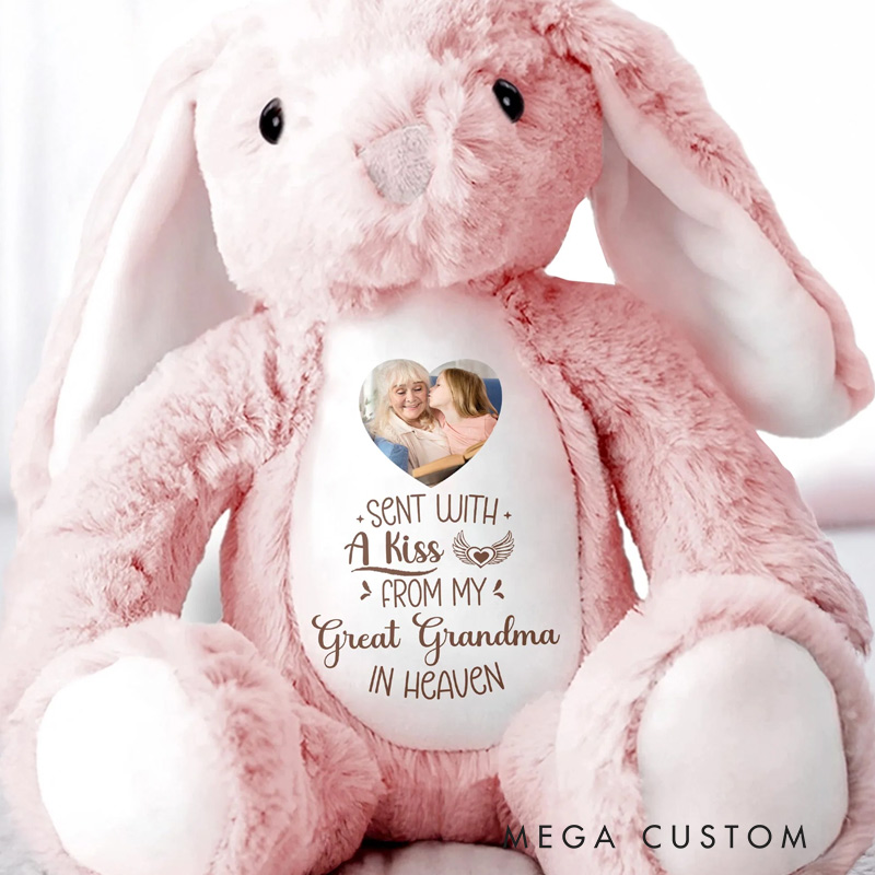 Personalized Sent With A Kiss From Great Grandma In Heaven Custom Photo Stuffed Bunny Gift for Family