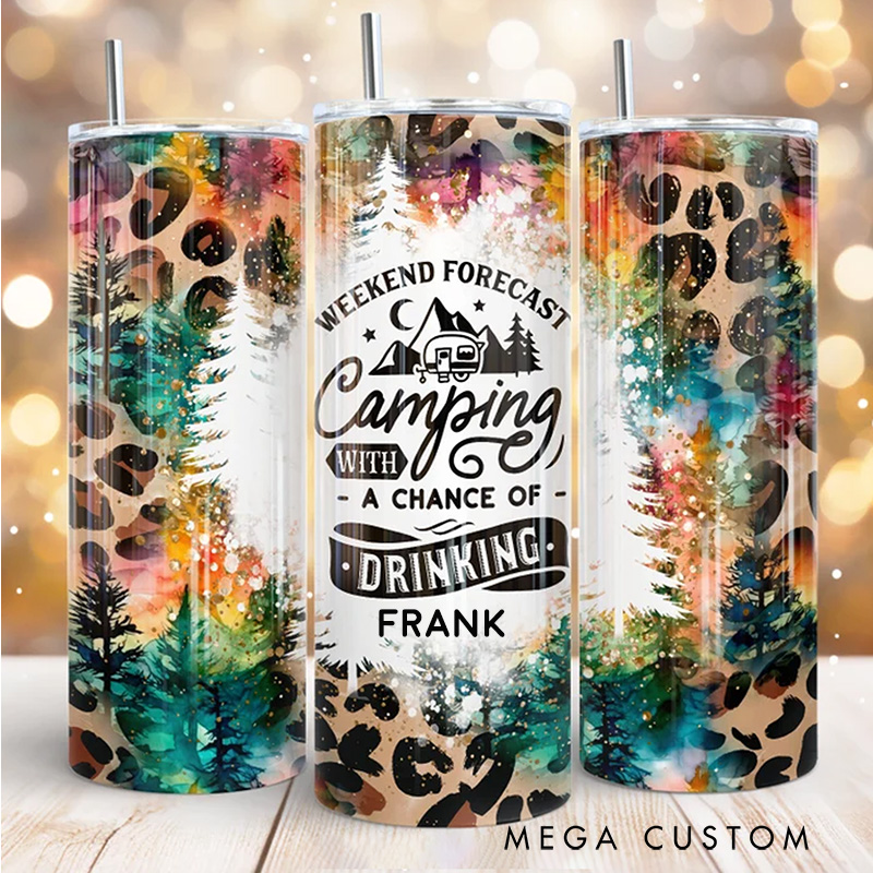 Personalized Camping 20oz Skinny Tumbler Leopard Print and Forest Camping Tumbler for Friends Outdoor Adventures Gift