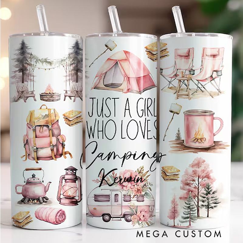 Personalized 20 OZ Skinny Camping Tumbler Elegant Camping Themed Tumbler for Outdoor Enthusiasts