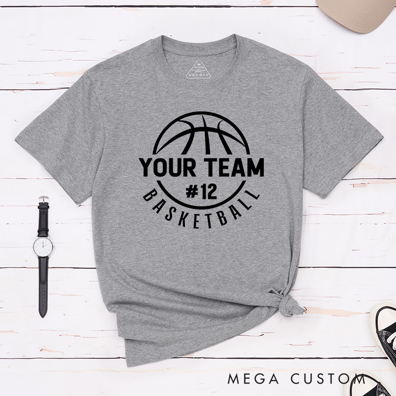 Personalized Basketball T-Shirt Design Featuring Custom Team Name Circular Basketball Graphic Player Number and Stylish Arched Text
