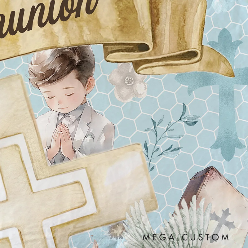 Personalized First Communion Cross Soft Throw Blanket with Name and Date Birthday Baptism Religious Gift for Boys Girls