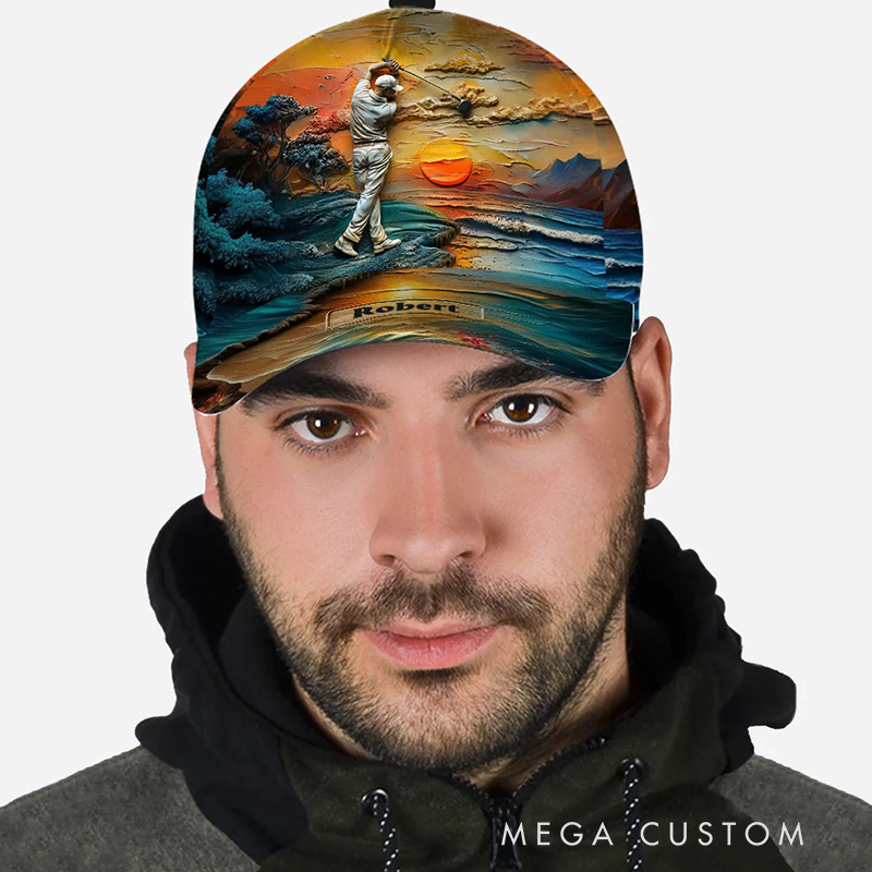 Personalized Golf Cap with 3D Sunset and Custom Name Design  