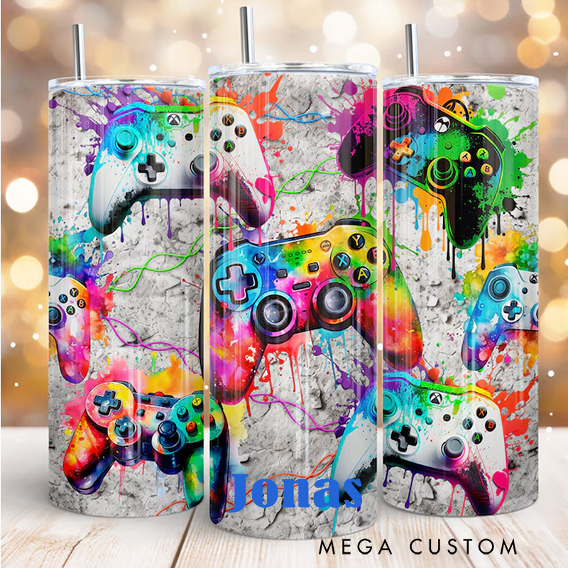 Personalized Gamer 20oz Skinny Tumbler Vibrant Gaming Themed Tumbler for Game Lover Gift