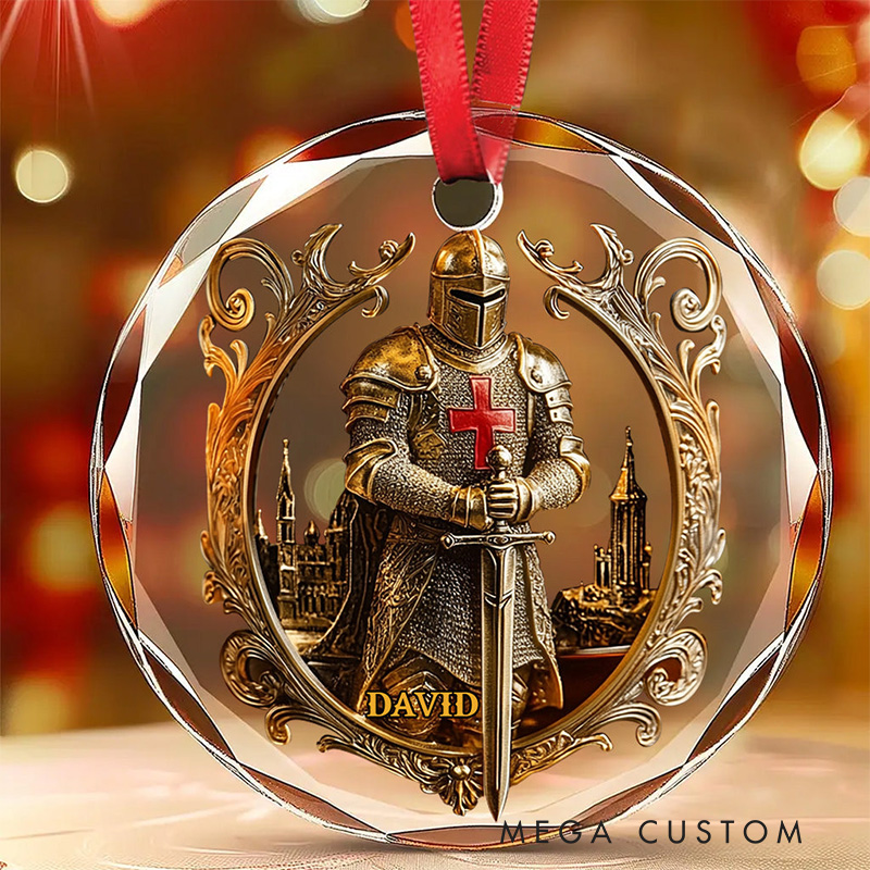 Personalized Strong Warrior Christian Round Shaped Glass Ornament with Name Tree Decoration Christmas Gift for Christian