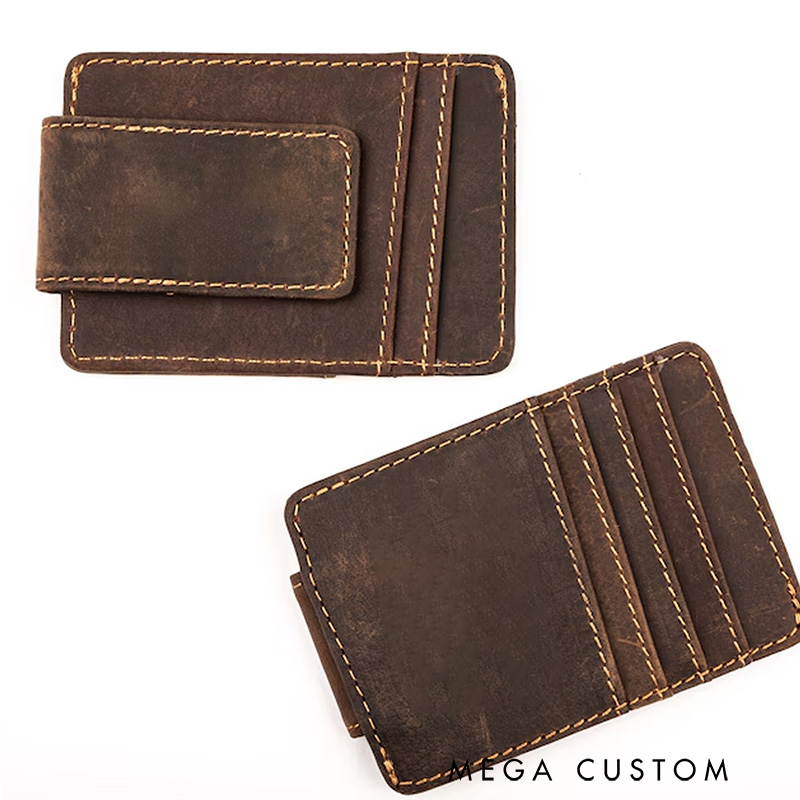Personalized Crazy Horse Leather Money Clip  Engraved Outdoor Hunting Lover Magnetic Money Clip Wallet  for Husband Boyfriend 
