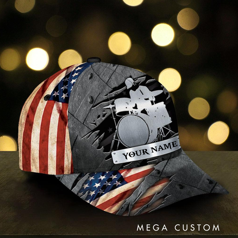Personalized Name Drum Classic Cap 3D Print Baseball Cap for Music Lover and Drummer Lovers Custom Gift