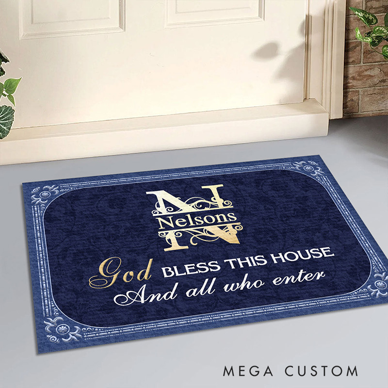 Personalized God Bless this House and All Who Enter Doormat with Family Name Non-Slip Durable Front Door Decor Religious Gift for Faithful Family