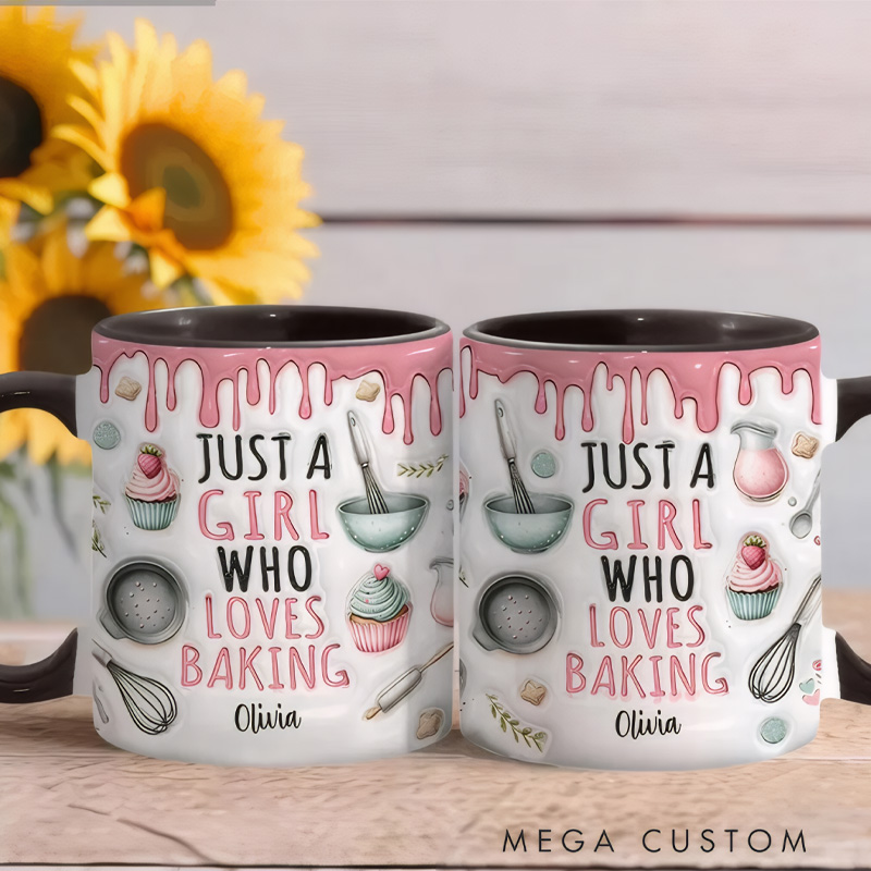 Personalized Just a Girl Who Loves Baking Mug with Name 11oz Ceramic Baking Accent Mug Coffee Cup for Baker Mom Sister Daughter Baking Lover Gift