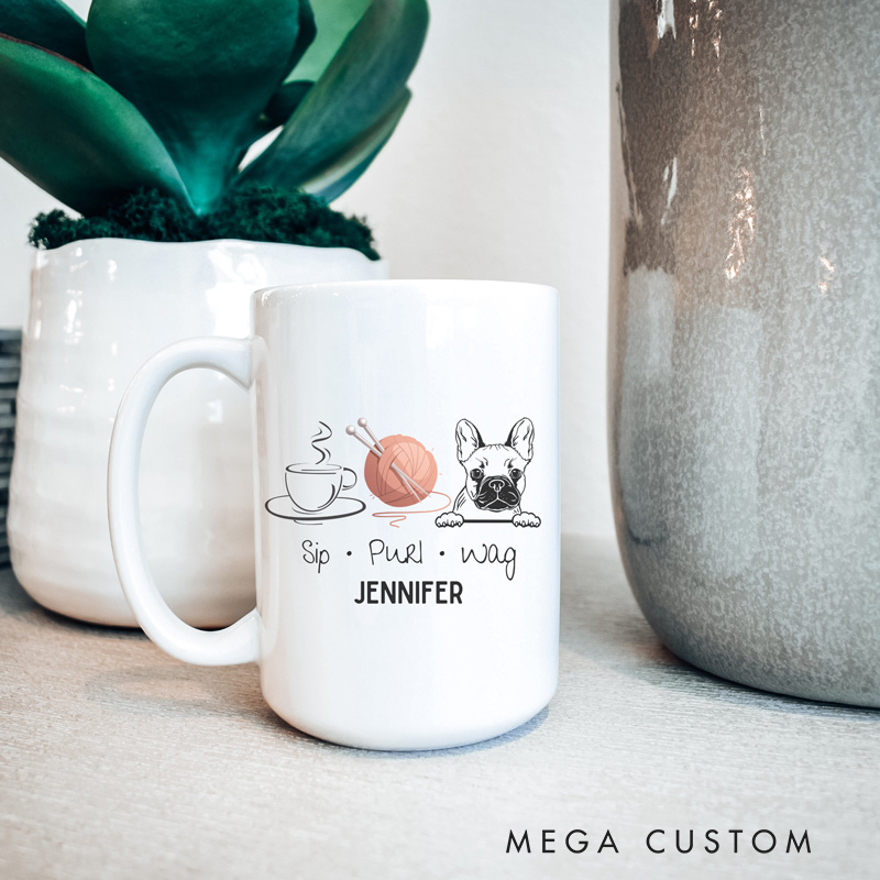 Personalized Coffee Frenchie Knitting Mug Ceramic 15oz Birthday Knitting Gift For Her Knitting Coffee Mug Gift For Knitter Dog Lover