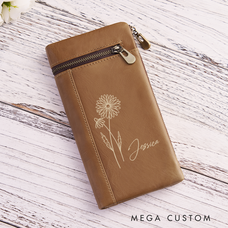 Personalized Birth Flower Women Wallet Leather Engraved Wallet Birth Flower Monogram Wallet Gift For Her Gift For Mother Birthday Gift