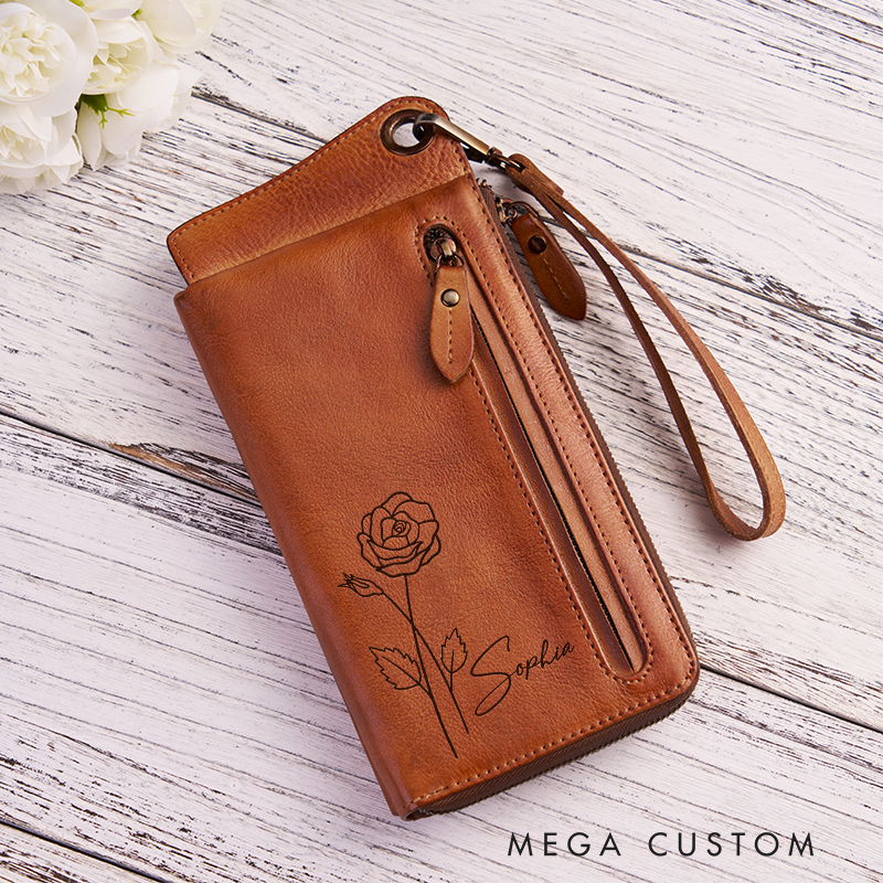 Personalized Leather Wallet For Her Birth Flower Women Wallet Engraved Leather Wallet Birth Flower Monogram Wallet Women's Purse Gift For Her Gift For Mother Birthday Gift