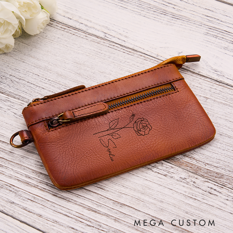 Personalized Women Leather Wallet Birth Flower Leather Wallet Women Leather Wallet With Zipper Engraved Women Leather Wallet Leather Gift for Her Unique Gift for Her Birthday Gifts