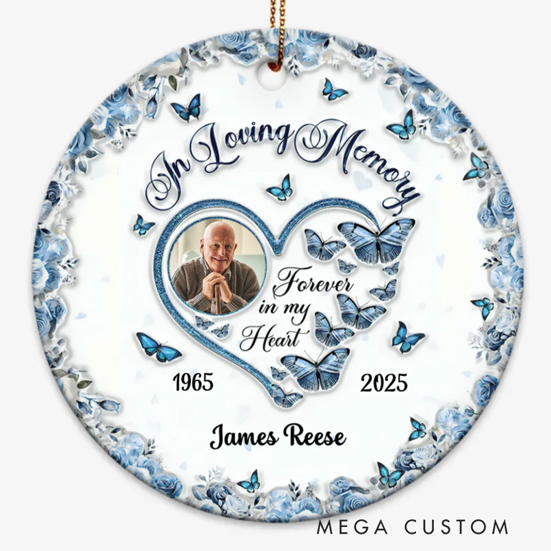 Personalized Ceramic Ornament Sparkling Heart Memorial Butterflies Ornament Gift for Family and Memorial Keepsake 