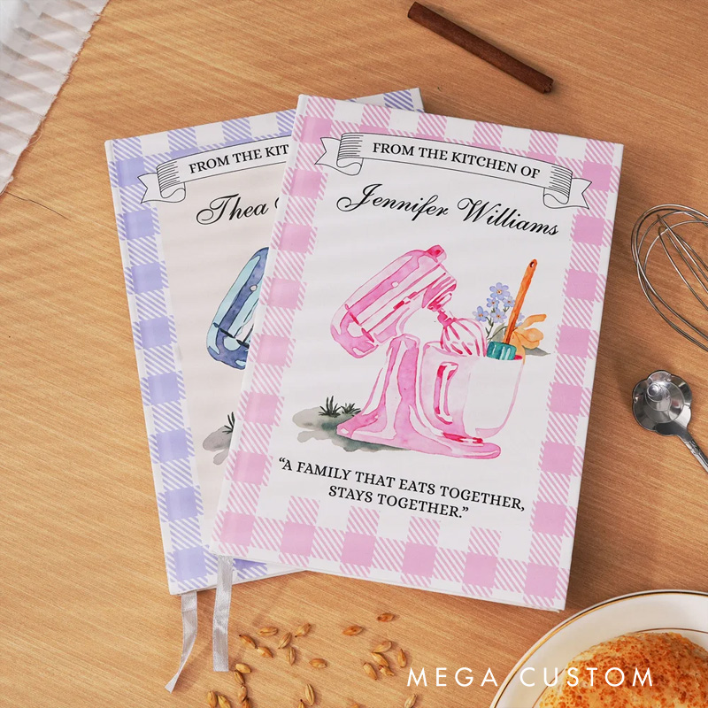 Personalized Watercolor Mixer Checkered Baking Recipe Notebook with Text and Name Kitchen Bakery Gift for Moms Grandmas Bakers