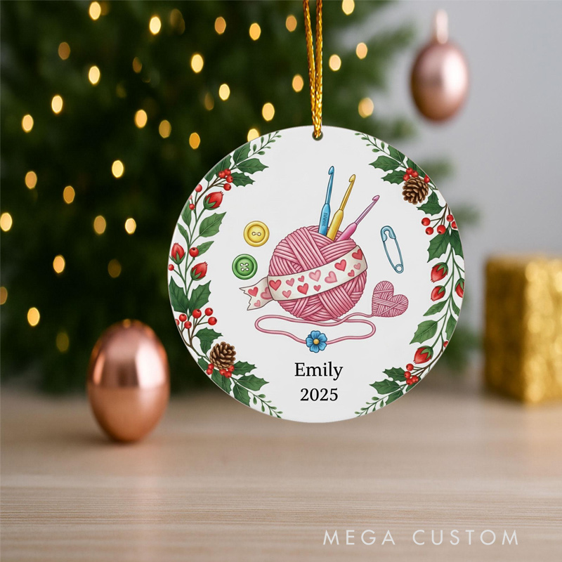 Personalized Crochet Christmas Ornament 2025 Yarn Ball Hooks and Holly Design Gift for Knitters Crafters and Crochet Lovers