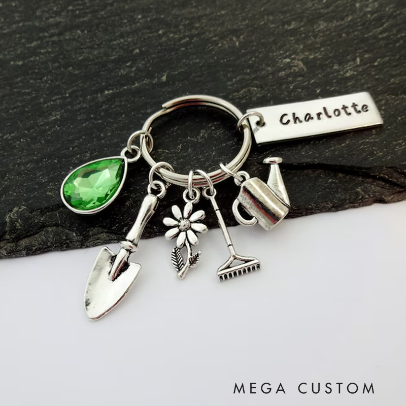 Personalised Gardening Birthstone Keyring Gift for Gardener Garden Gifts Name Flower Charm Keychain Gift for Florist