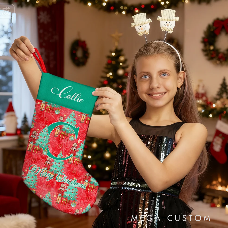 Personalized Christmas Tree Multiple Pattern Nutcracker Stocking with Name and Initial Christmas Gift for Kids