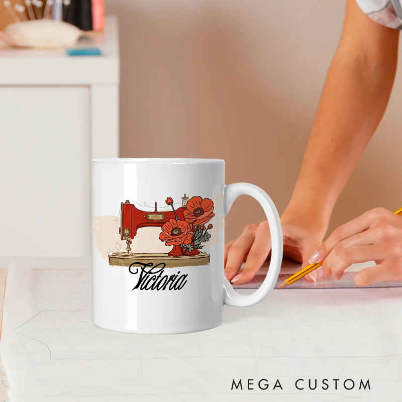 Personalized Birth Flower Sewing Machine Ceramic Coffee Mug with Name Home Kitchen Decor Birthday Gift for Mom Grandma Sewing Enthusiast