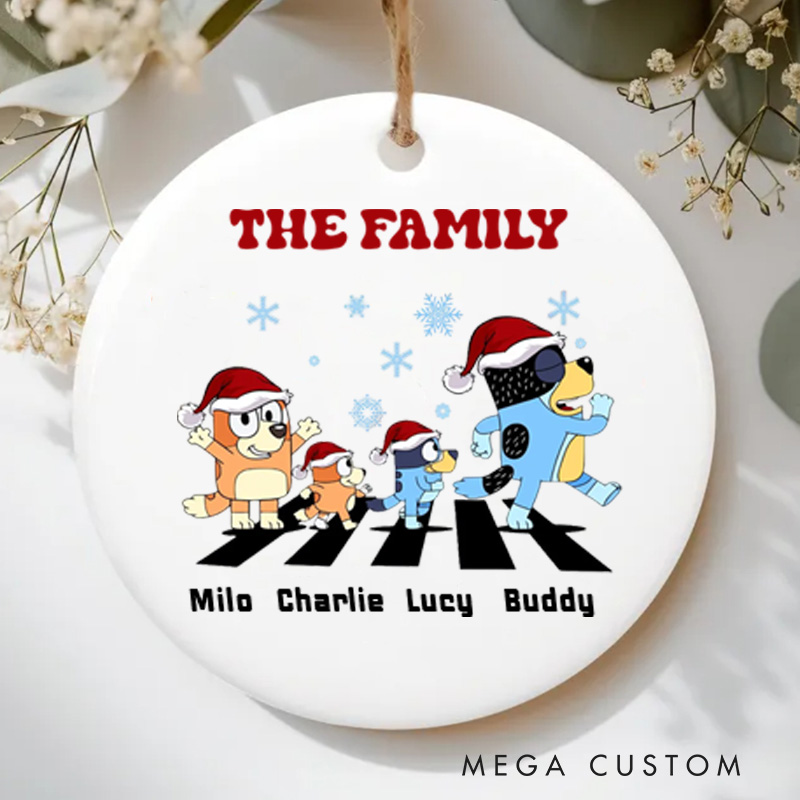 Personalized Name Christmas Ornament Cartoon Dog Family With Santa Hats Merry Christmas Holiday Sign
