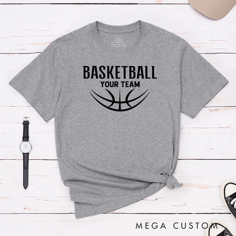 Personalized Basketball T-Shirt Design Showcasing Custom Team Name Bold Basketball Text Dynamic Half Basketball Graphic and Sleek Modern Layout