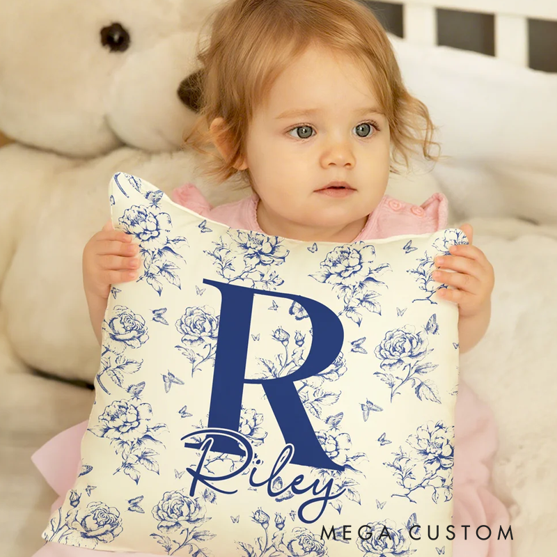 Personalized Toile De Jouy Floral Initial Soft Throw Pillow Cover with Name Home Decor Birthday Christmas Gift