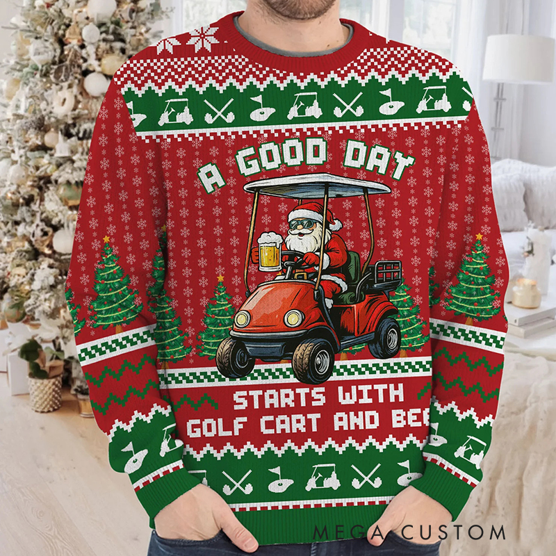 Personalized "A Good Day Starts with" Christmas Sweatshirt for Golf and Beer Lovers 