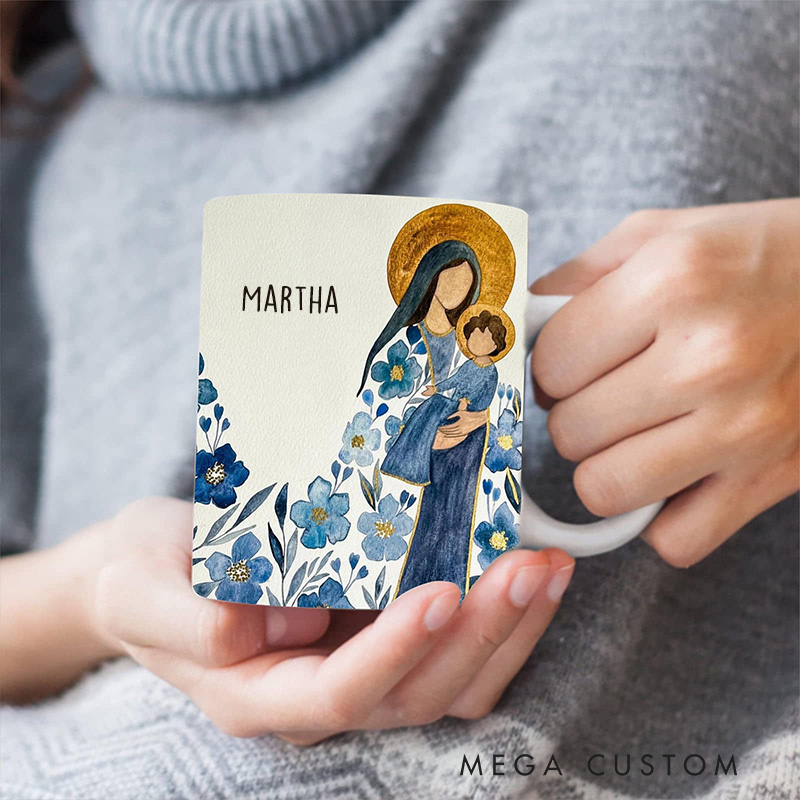 Personalized Virgin Mary 11oz 15oz Ceramic Mug with Name Mother Mary Coffee Cup Catholic Gift for Mom Mother's Day Christian Gift for Faithful Women