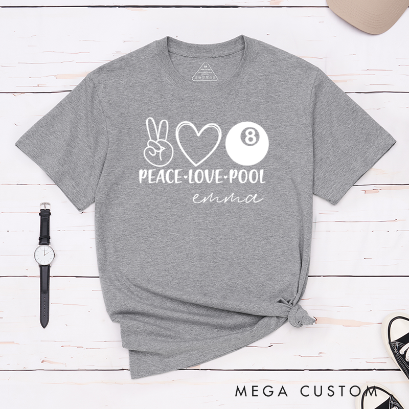 Personalized Peace Love Pool T-Shirts with Custom Your Name on the back - 8-ball Pool Team Shirt
