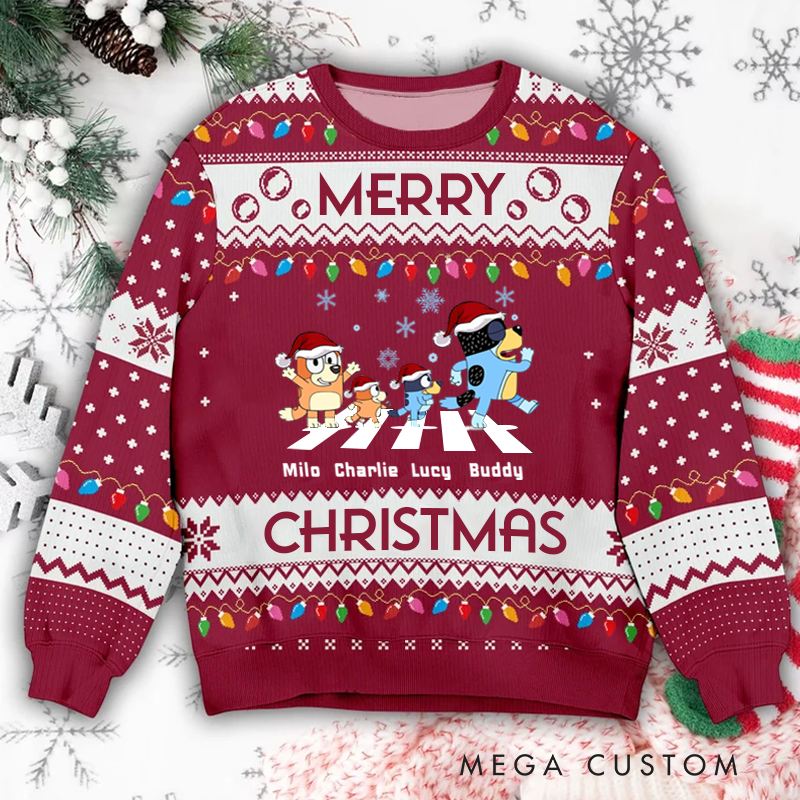 Personalized Name Ugly Sweater Cartoon Dog Family With Santa Hats Merry Christmas Holiday Sign