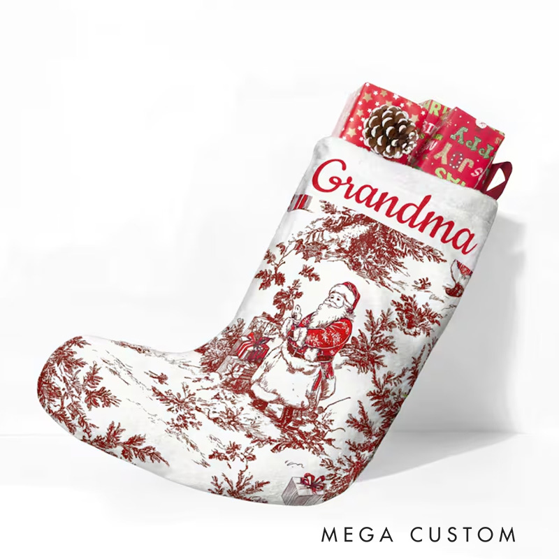 Personalized Red Toile Santa Family Christmas Stockings Custom Toile De Jouy Name Stockings Classic Christmas Decor 
