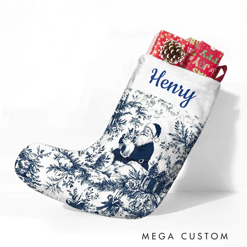 Personalized Blue Toile Christmas Stocking Custom Vintage Toile De Jouy Name Stockings Holiday Decor Gift