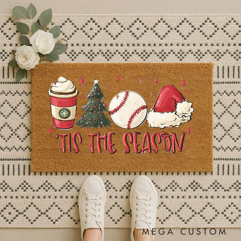 Personalized "Tis the Season" Christmas Doormat with Volleyball and Festive Icons  