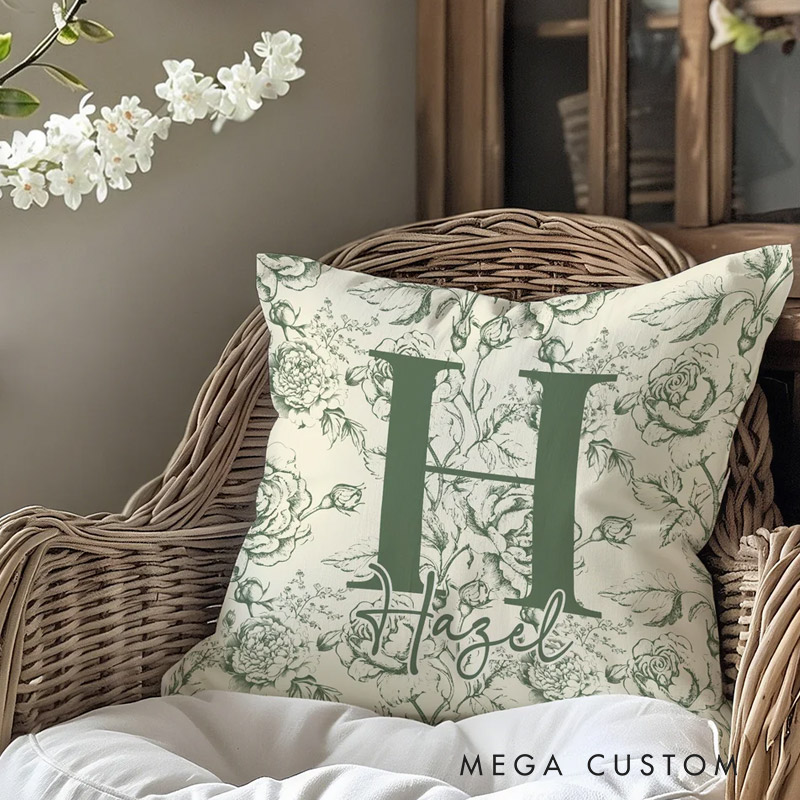 Personalized Pillow Cover with Floral Toile de Jouy Pattern Initial and Name Home Decoration Christmas Birthday Gift for Women