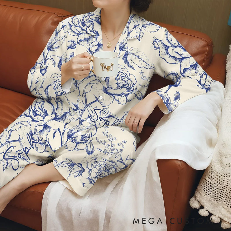 Personalized Rustic Flower Toile De Jouy Ladies Pajamas Set with Name Daily Use Birthday Gift for Women Mother's Day Gift