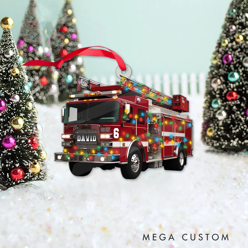 Personalized Fire Truck Christmas Acrylic Ornament with Festive Lights Design Gift for Firefighters