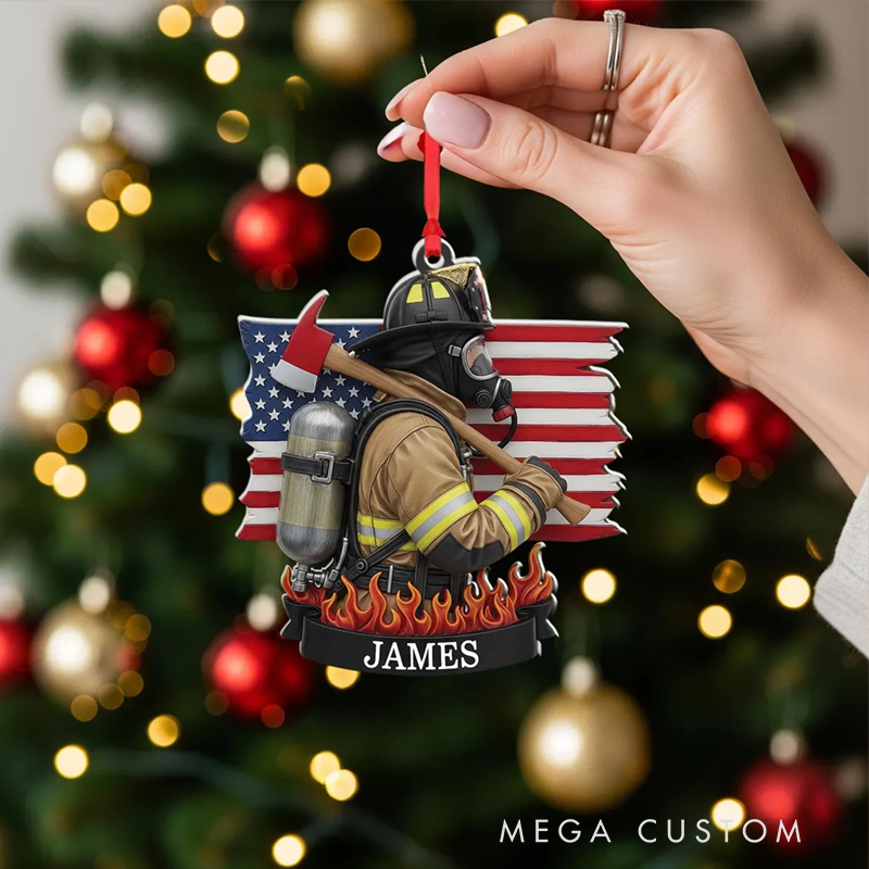 Personalized Firefighter with Axe and American Flag Christmas Acrylic Ornament Gift for Firefighters