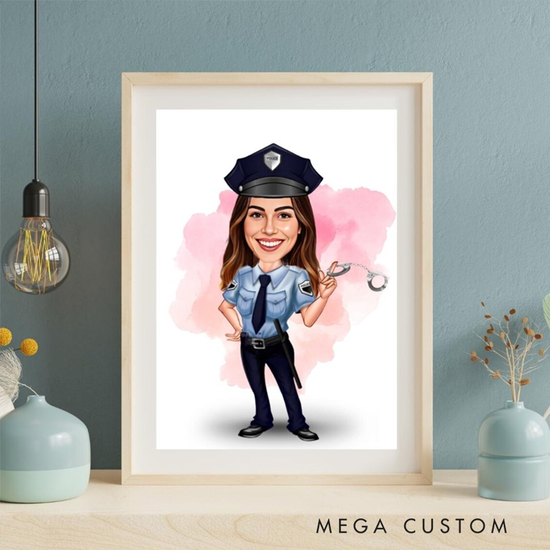 Personalized Police Officer Cartoon Portrait From Photo Custom Law Enforcement Caricature Wall Art