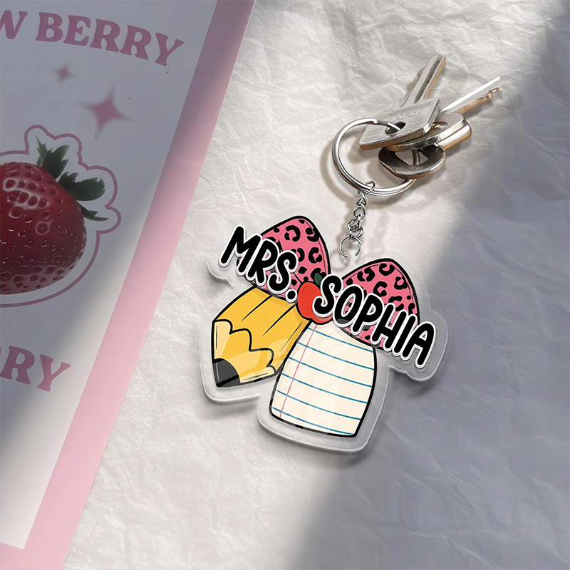 Personalized Teacher Acrylic Keychain with Pencil Bow Design Teacher Appreciation Gift Favorite Educator Backpack Tag Gift