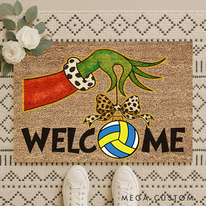Personalized Grinch Themed Welcome Doormat with Soccer and Bow Design 