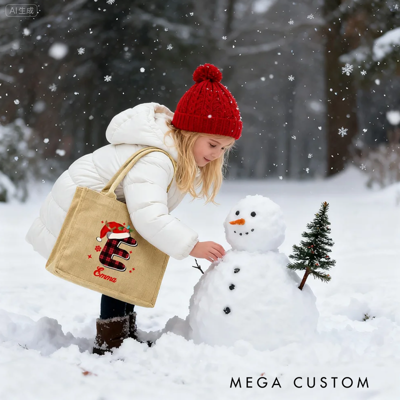 Personalized Santa Hat Red Plaid Initial Jute Tote Bag with Name Christmas Party Gift for Kids Family