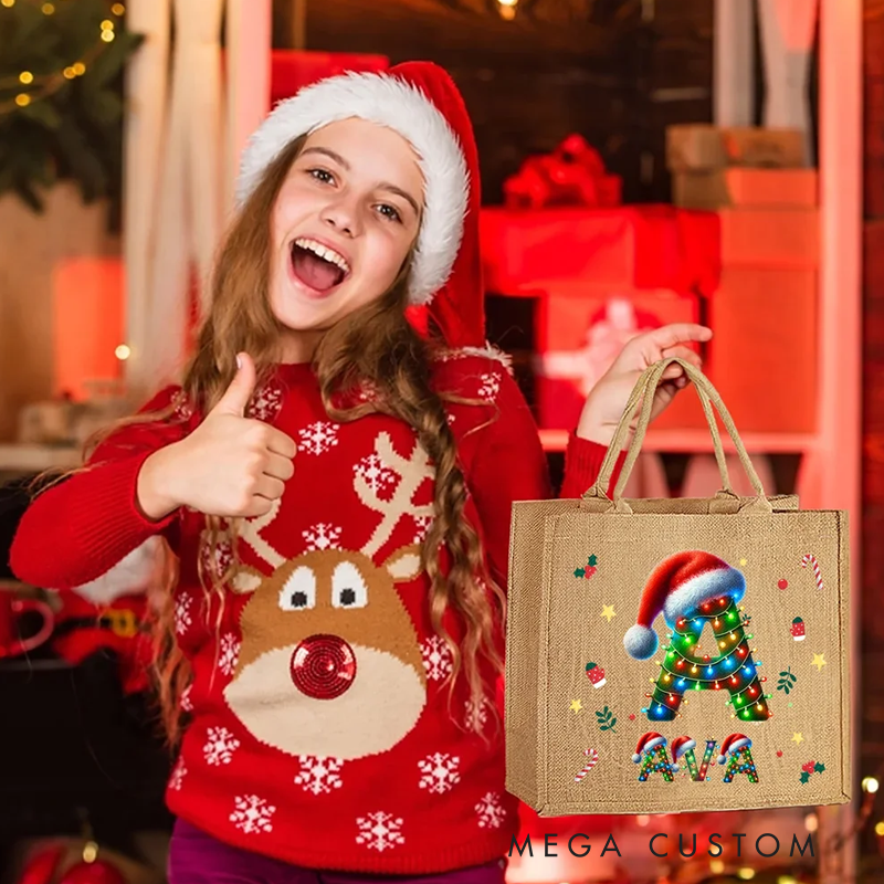 Personalized Christmas Lights Santa Hat Large Capacity Jute Tote Bag with Initial and Name Daily Use Christmas Party Gift for Kids Adults
