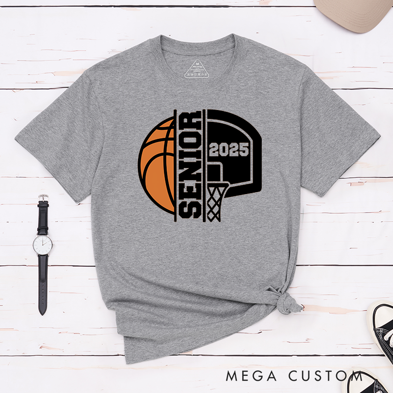 Personalized Basketball Graduation T-Shirt Design Featuring Custom Graduation Year Bold Vertical Text Dynamic Basketball and Hoop Graphics in a Classic School Spirit Style